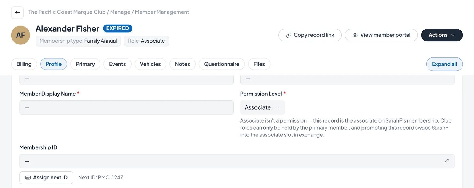 A member record in RumbleSeat with an empty Membership ID field, a pencil to type an ID, and the Assign next ID button with Next ID: PMC-1247