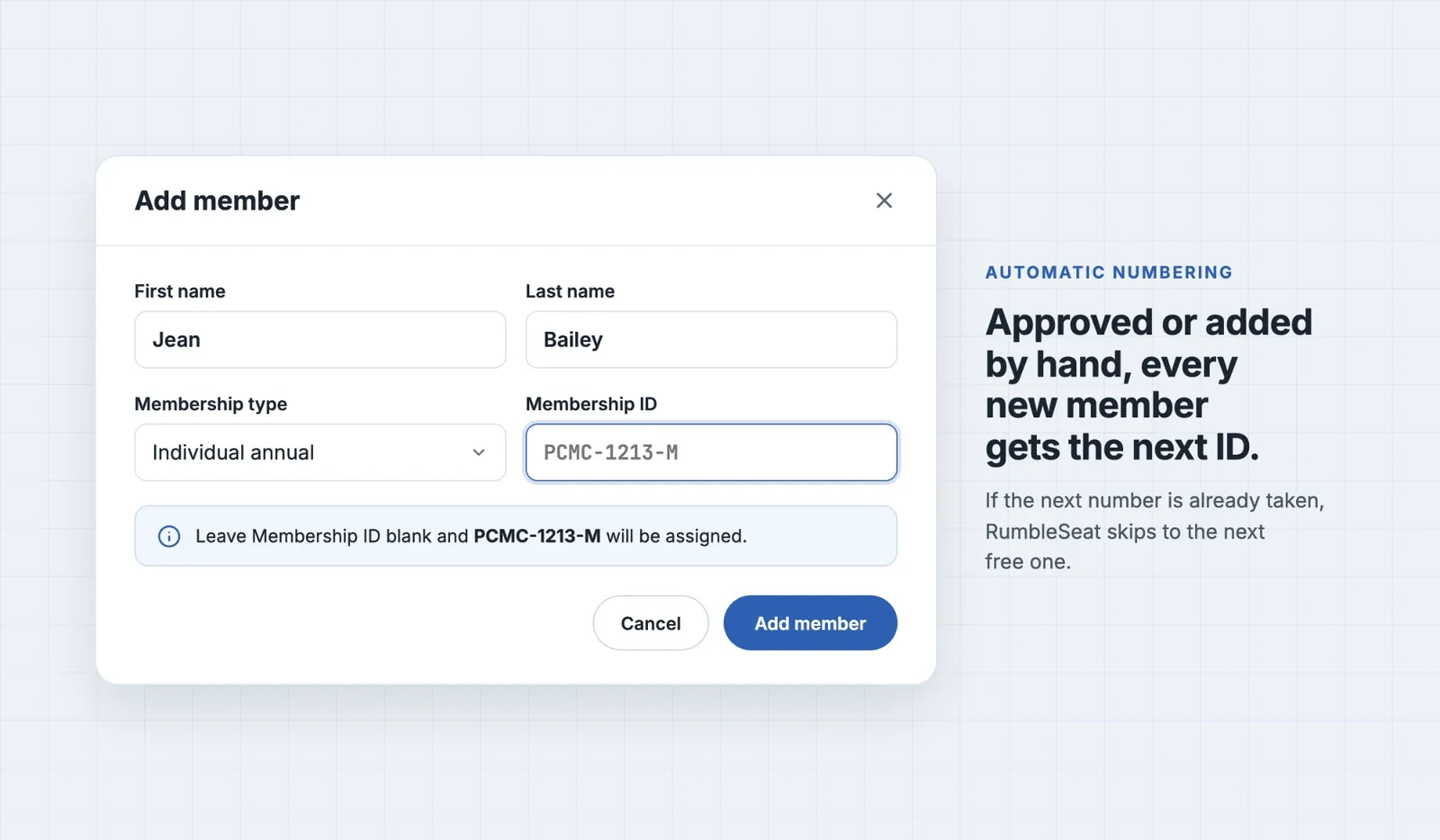 The Add member form with the Membership ID field left blank and a note that PCMC-1213-M will be assigned