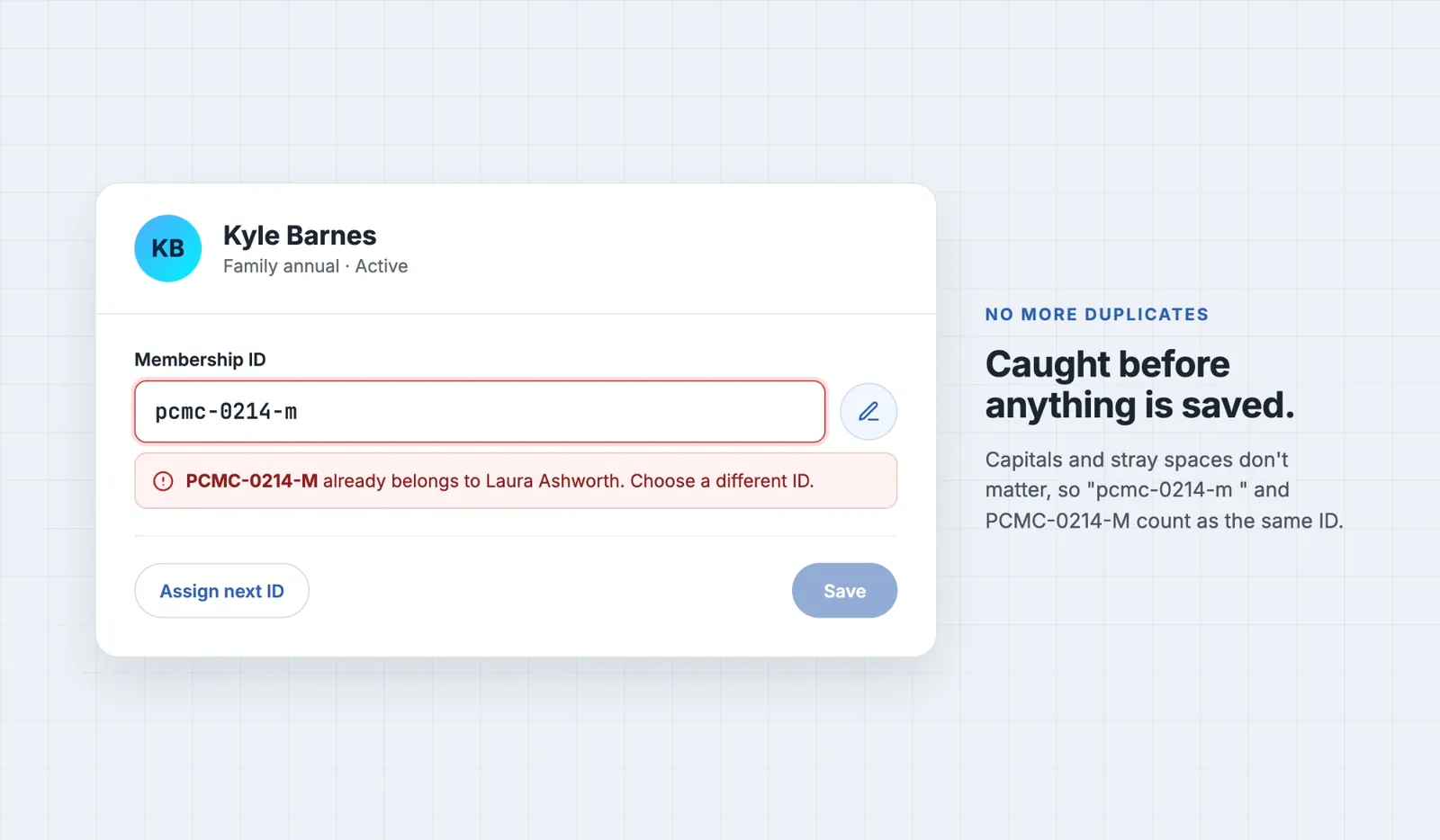 A member record where the typed ID pcmc-0214-m is rejected with the message that PCMC-0214-M already belongs to another member