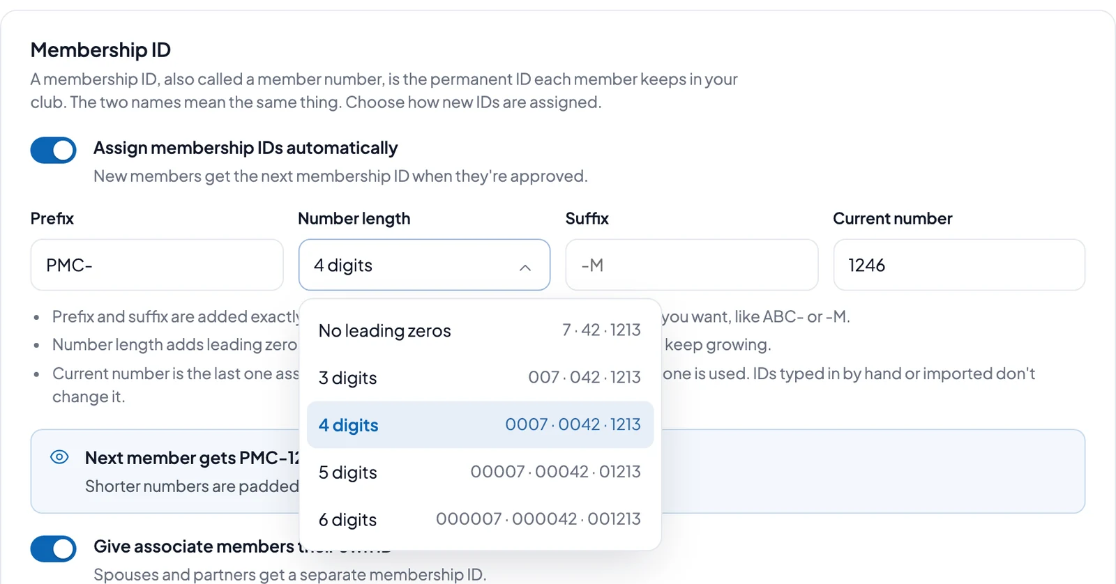 RumbleSeat Membership ID settings with the Number length list open, offering No leading zeros or 3 to 6 digits with examples such as 0007 · 0042 · 1213, for a club using the prefix PMC- and Current number 1246