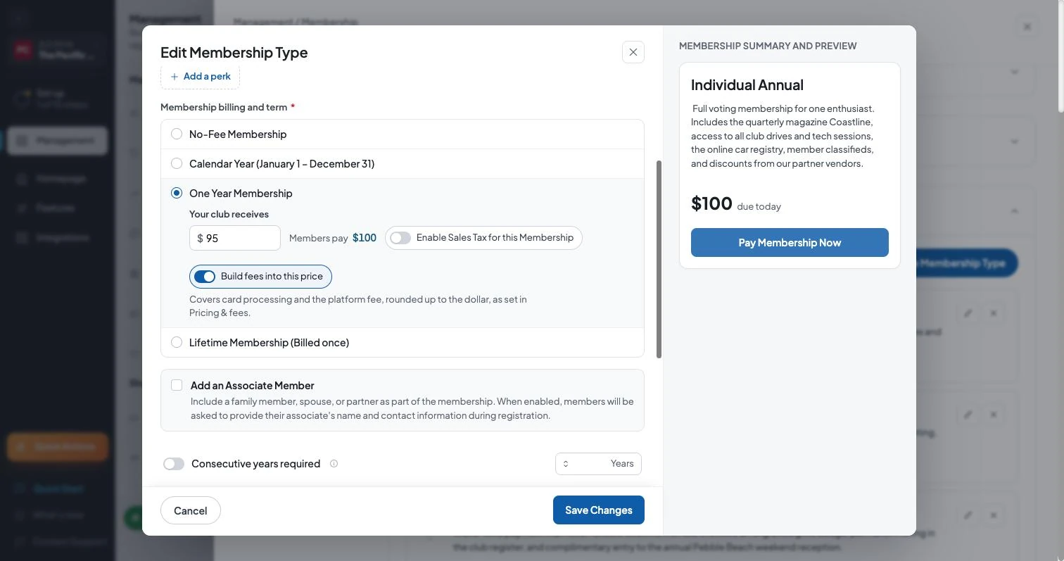 Membership type editor: your club receives $95, members pay $100