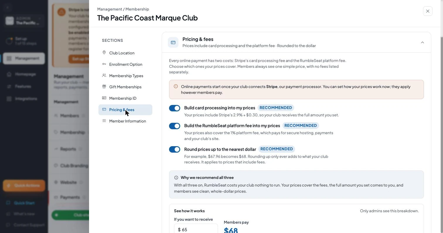 The Pricing & fees settings