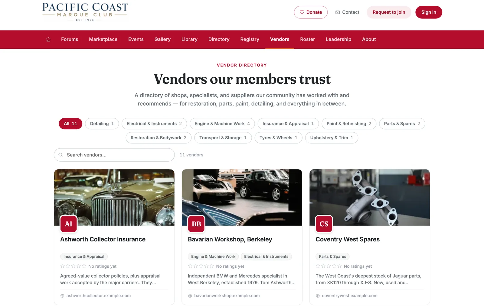 The Vendor Directory on a live RumbleSeat club site, the Pacific Coast Marque Club, showing category filters with vendor counts, a search bar, and vendor cards with cover images, monogram logos, category pills, and star ratings