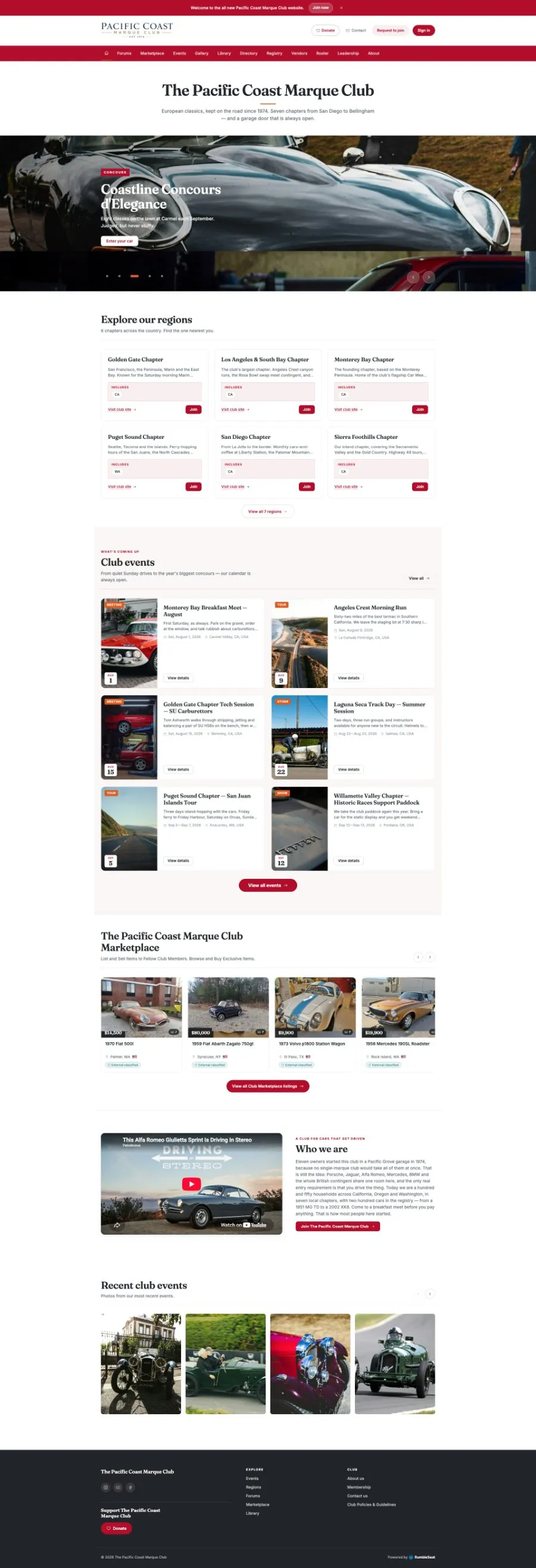 The same car club website rebuilt on RumbleSeat — a hero event, a chapter directory, a club events calendar and a members' marketplace