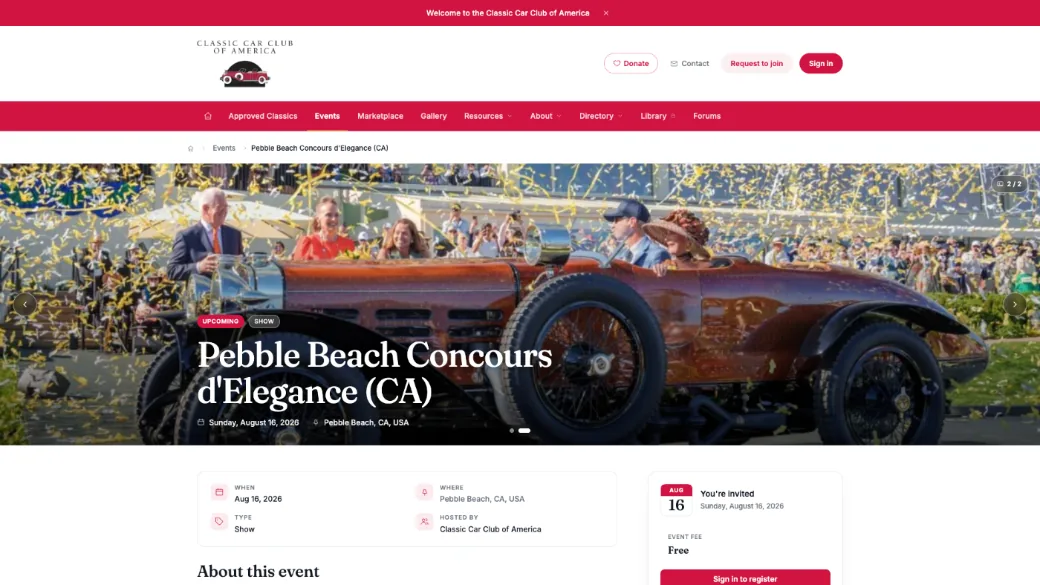 A CCCA event page for the Pebble Beach Concours d'Elegance, showing date, location, host, fee and registration