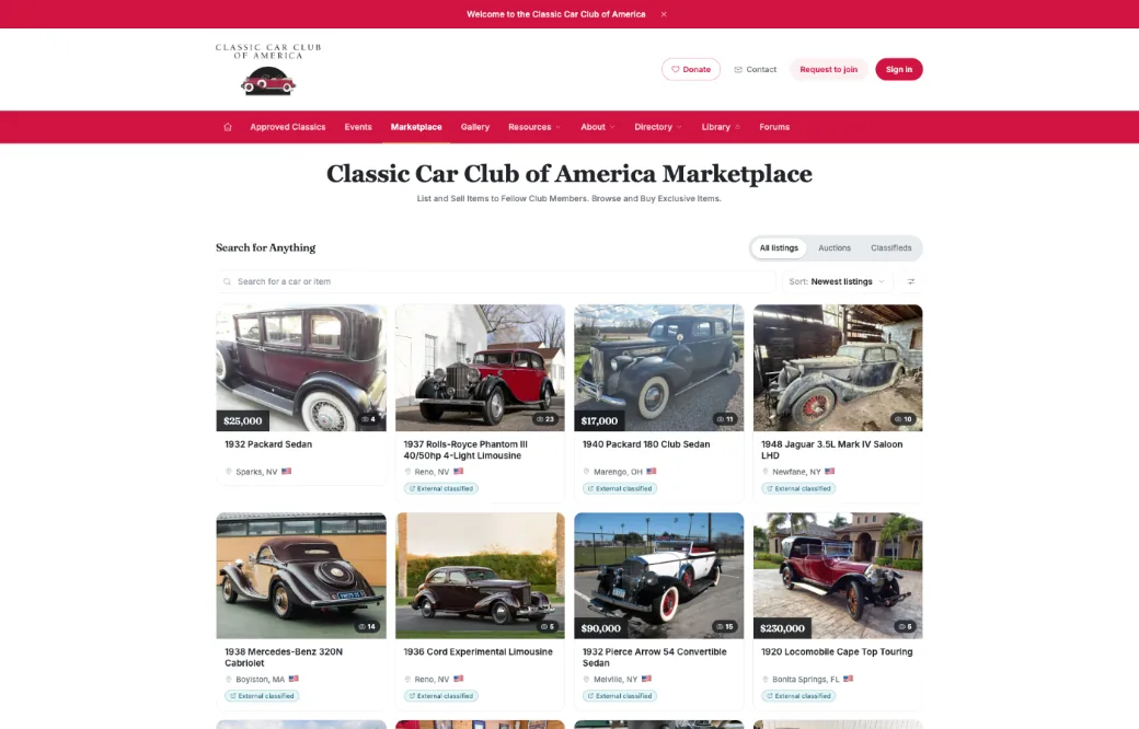 The Classic Car Club of America marketplace, showing classifieds and auction listings for classic cars and parts