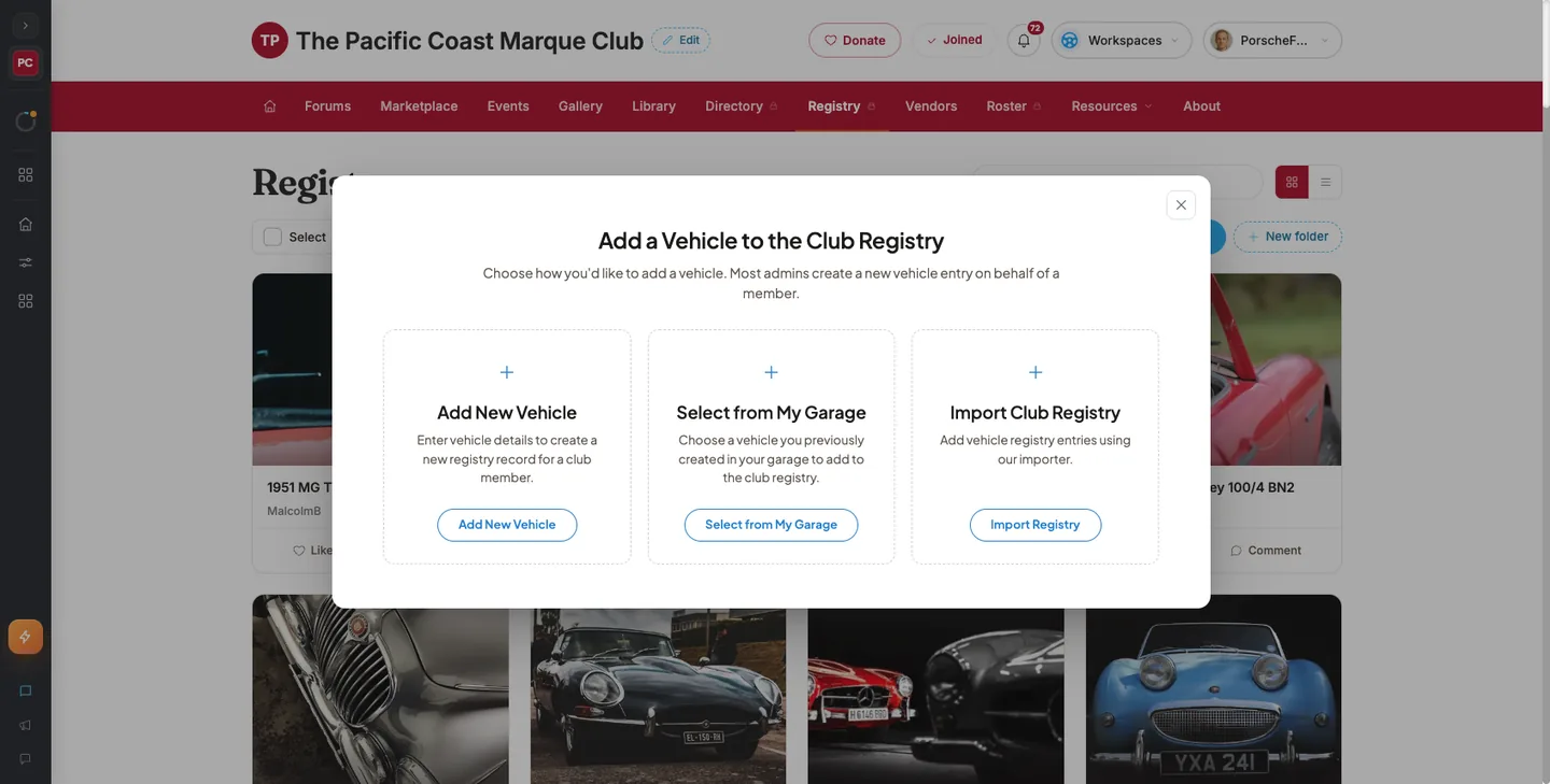 The "Add a Vehicle to the Club Registry" dialog, showing the "Import Club Registry" card chooser with its "Import Registry" button