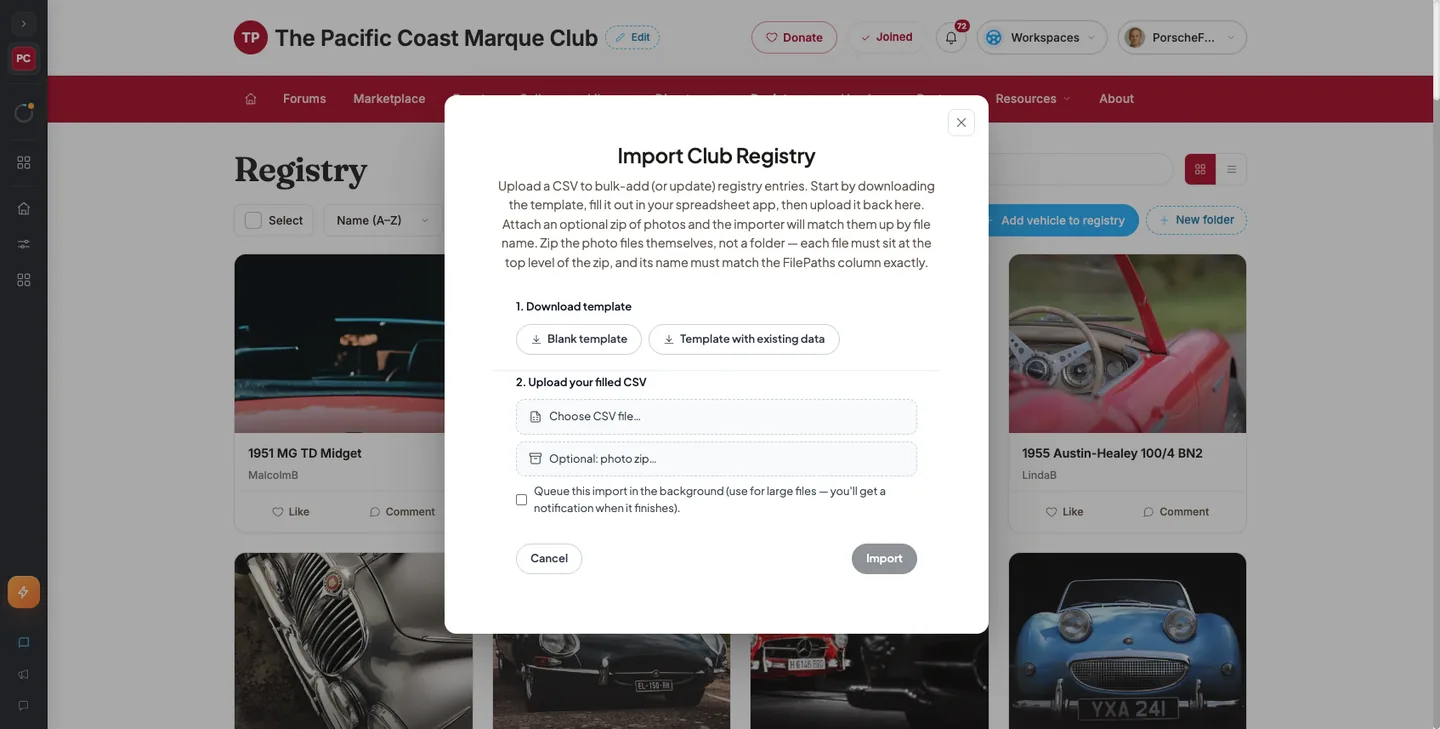 The full "Import Club Registry" dialog with the "Blank template" and "Template with existing data" buttons