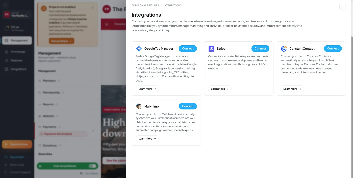 Integrations shelf showing the Google Tag Manager, Stripe, Constant Contact, and Mailchimp cards, each with a Connect button and Learn More link, none connected