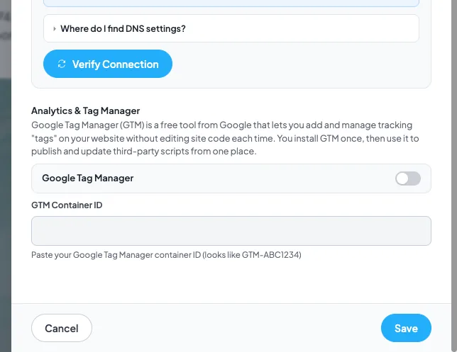 Website settings Analytics & Tag Manager section with the Google Tag Manager toggle off, an empty GTM Container ID field, and Cancel and Save buttons