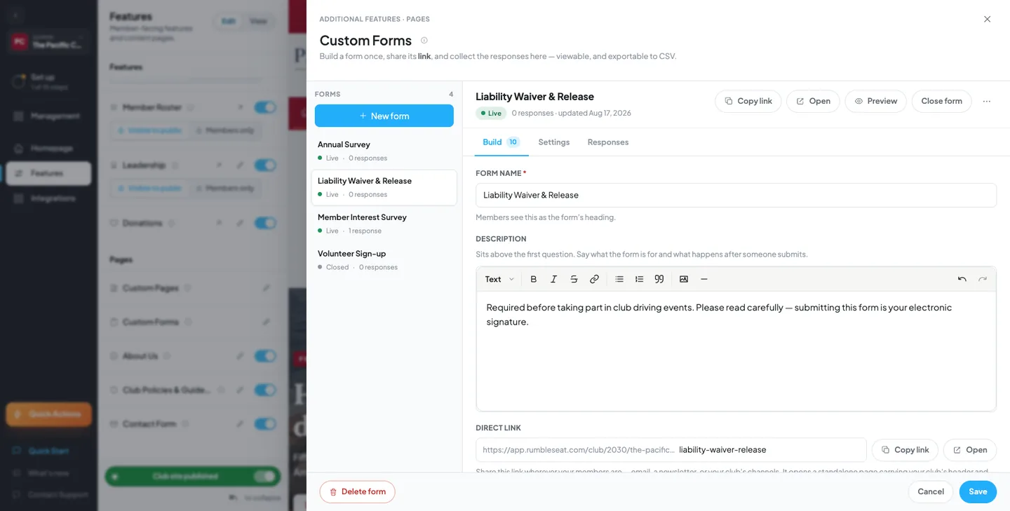 The Custom Forms panel: a list of forms on the left with status dots and response counts, and the selected form's Build tab on the right showing its name and description