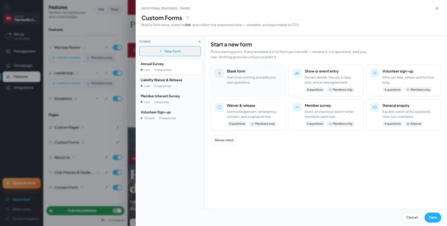 The New form template picker showing six starting points — a blank form and five pre-built forms — each with a short description and a question count