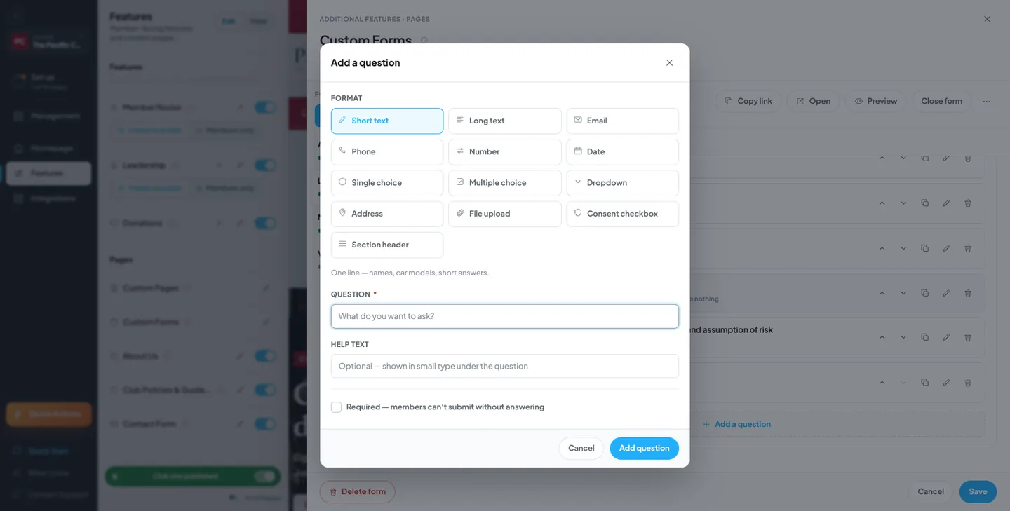 The Add a question dialog with a grid of the thirteen format tiles, a question label field, a help-text field, and a Required toggle