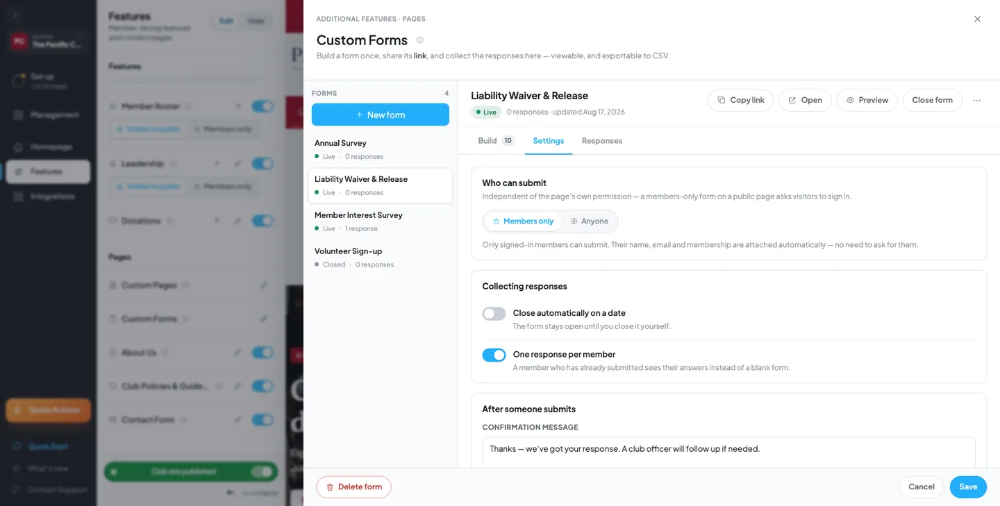 The Settings tab with a Members only / Anyone toggle for who can submit, switches for closing on a date and one response per member, and a confirmation-message field