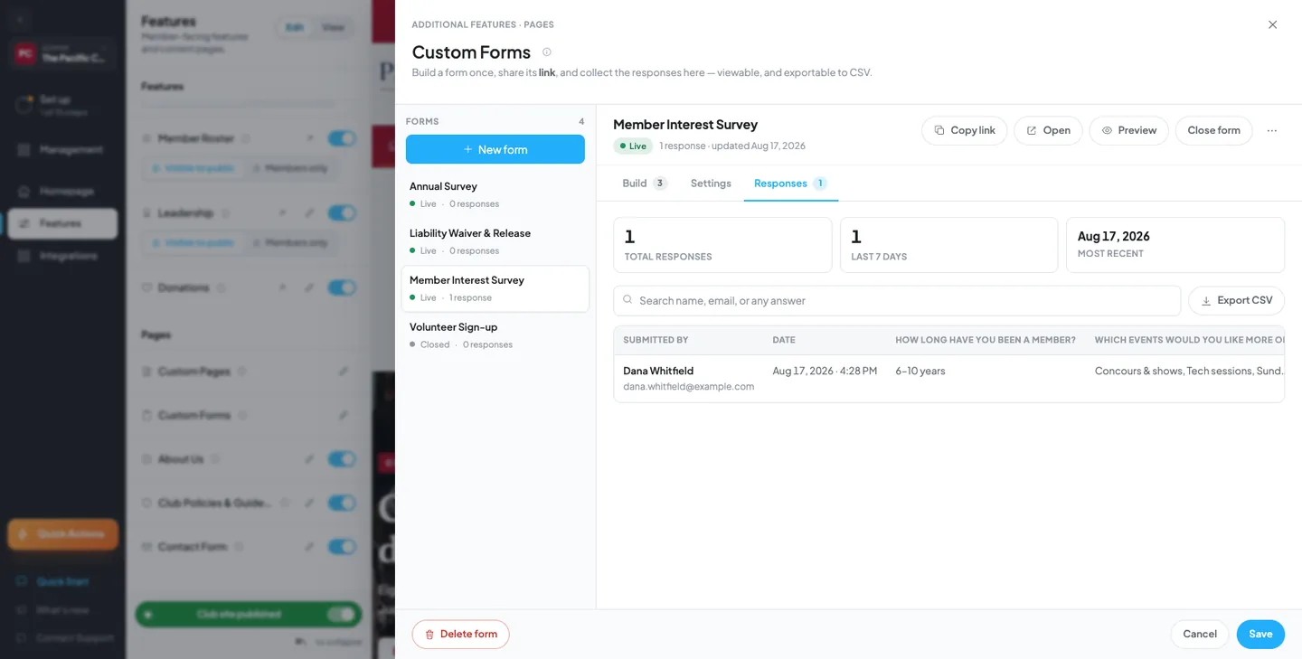 The Responses tab: three stat tiles for total responses, last 7 days, and most recent, a search box, and a table of responses one row per person
