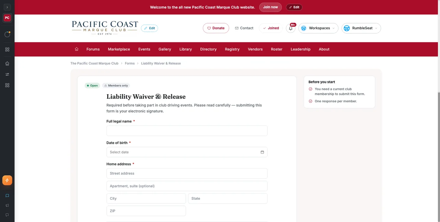 A published form on a club site as a member sees it, with the club header, an Open and Members only pill, the form's title and description, and the first questions with a Before you start panel alongside