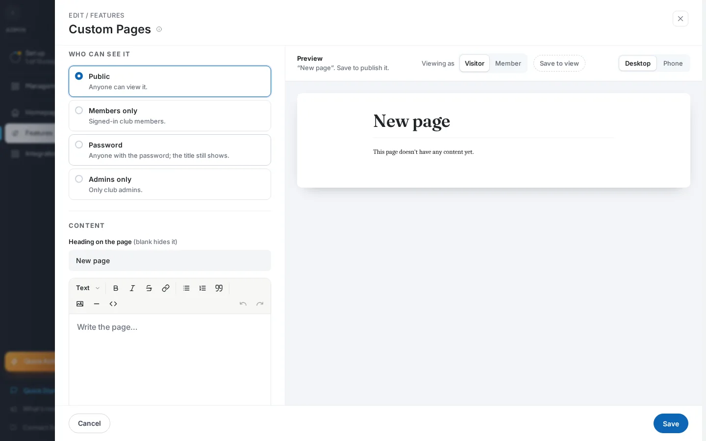 The page edit form with title, address, Who can see it options, heading and content editor