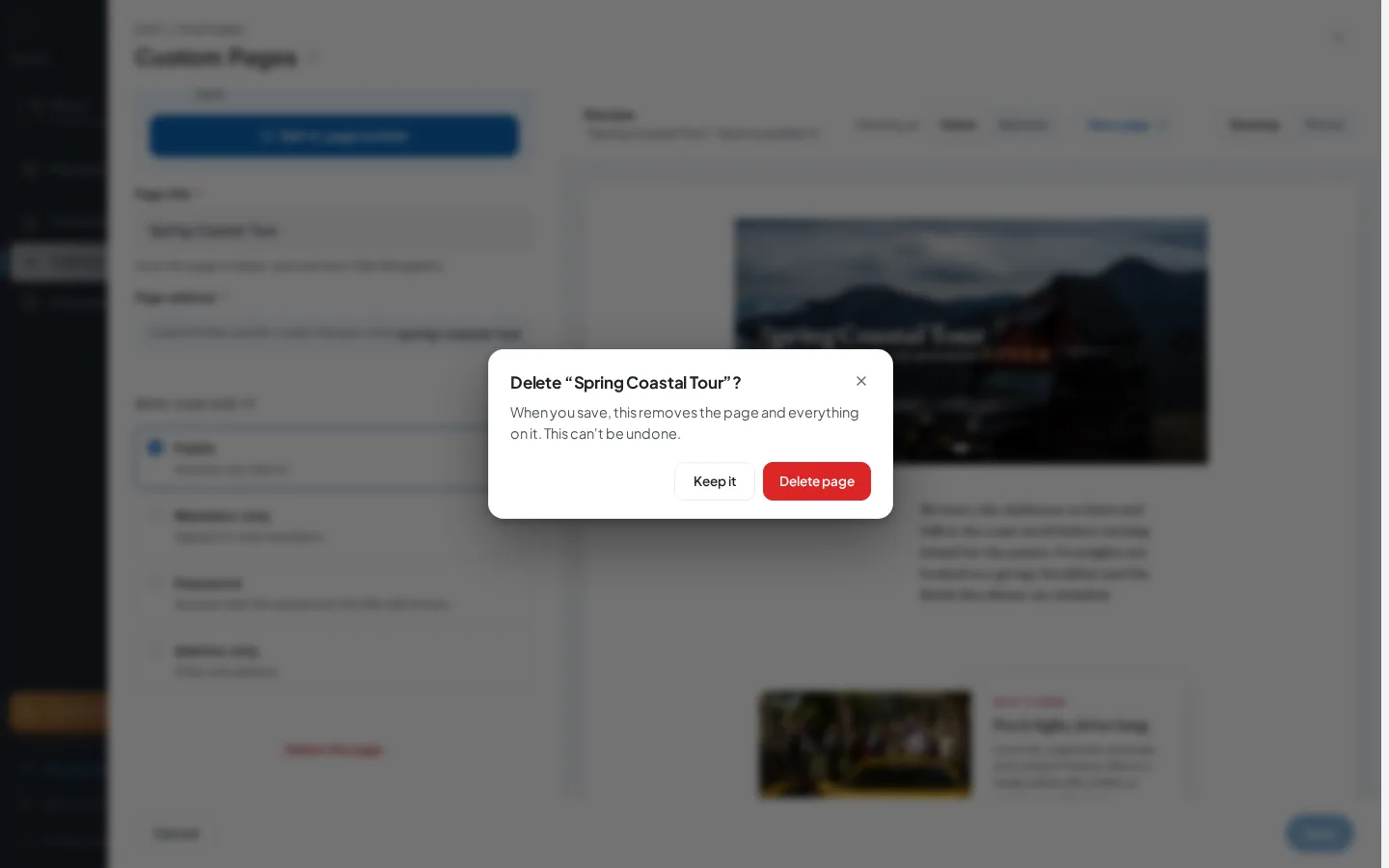 The delete confirmation dialog with Delete page and Keep it buttons