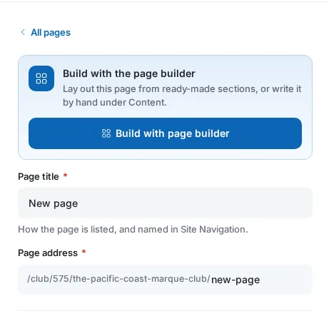The Page builder card at the top of the edit form on an empty page