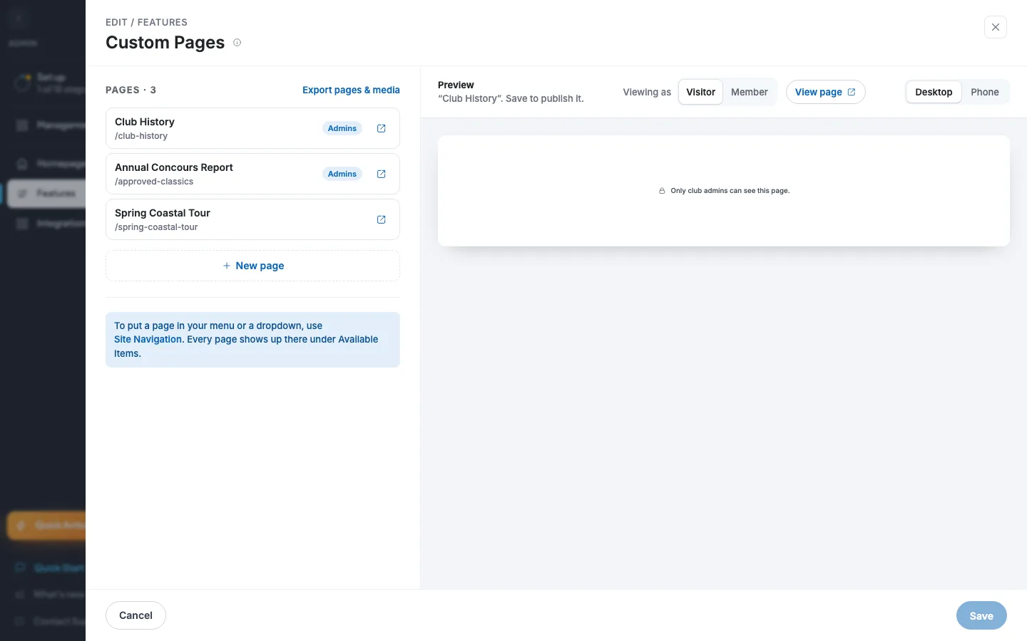 The Custom Pages editor list with page rows, their tags and the New page button