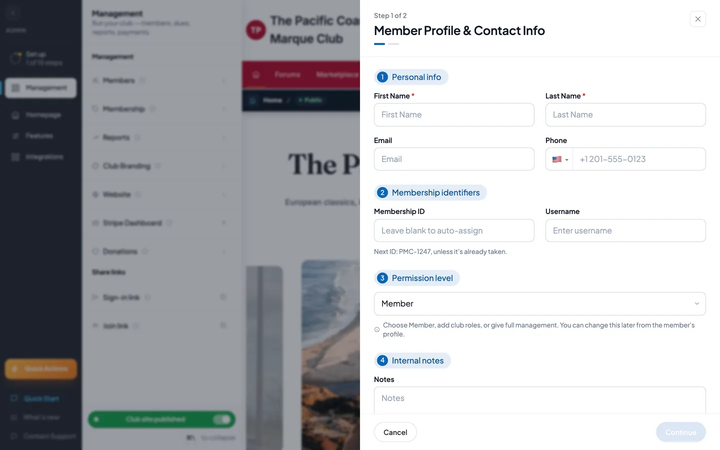 The Add manually form, step 1 of 2, with Membership ID under Membership identifiers showing Leave blank to auto-assign and Next ID: PMC-1247, unless it's already taken.