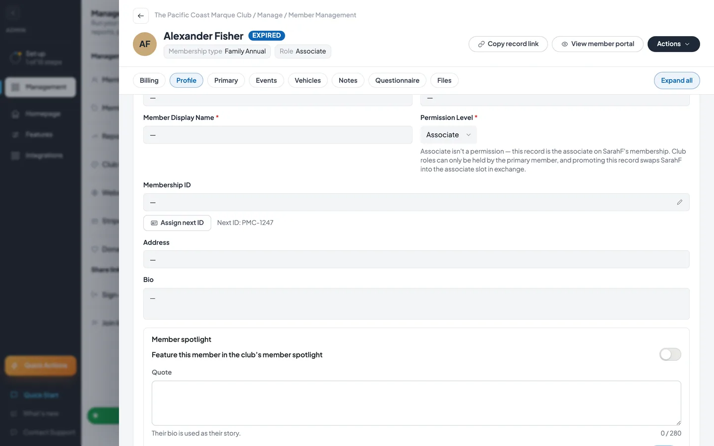 A member record with an empty Membership ID field, a pencil to type an ID, and the Assign next ID button with Next ID: PMC-1247