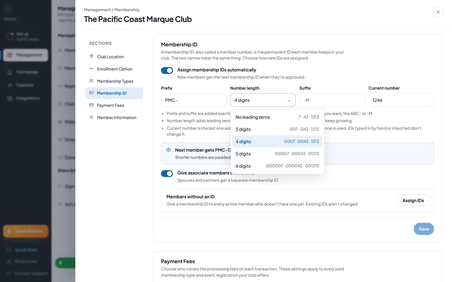 The Number length list open in the Membership ID section, offering No leading zeros and 3 to 6 digits, each with examples such as 0007 · 0042 · 1213