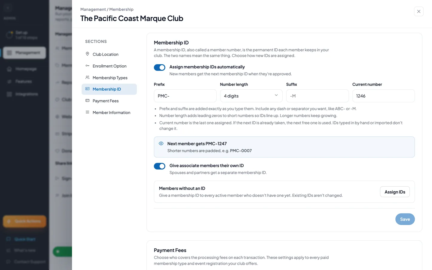 The Membership ID section with automatic assignment on, prefix PMC-, 4 digits, Current number 1246, and the preview Next member gets PMC-1247
