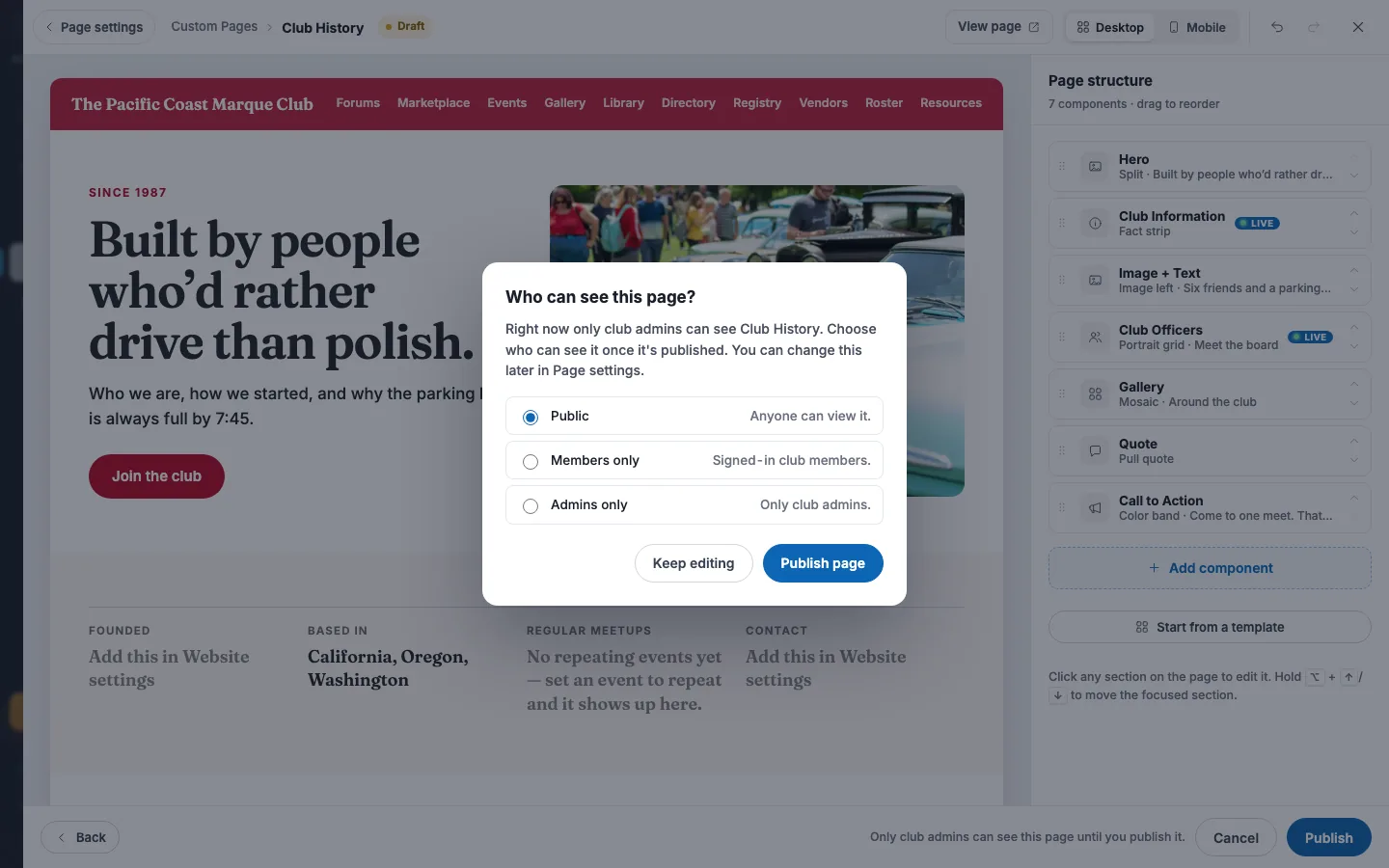 The Who can see this page? dialog with Public, Members only and Admins only