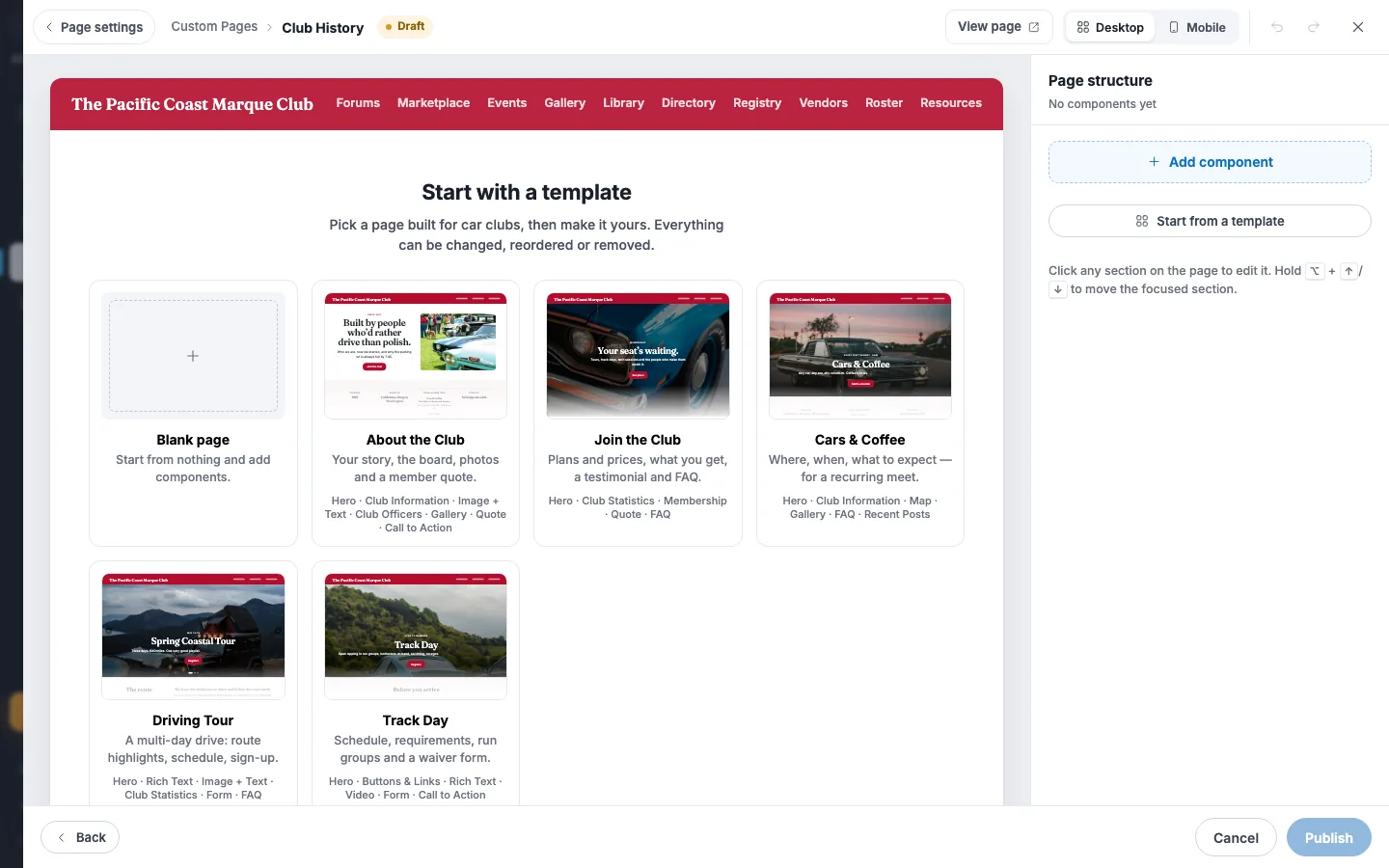 The empty page builder canvas with the Start with a template grid