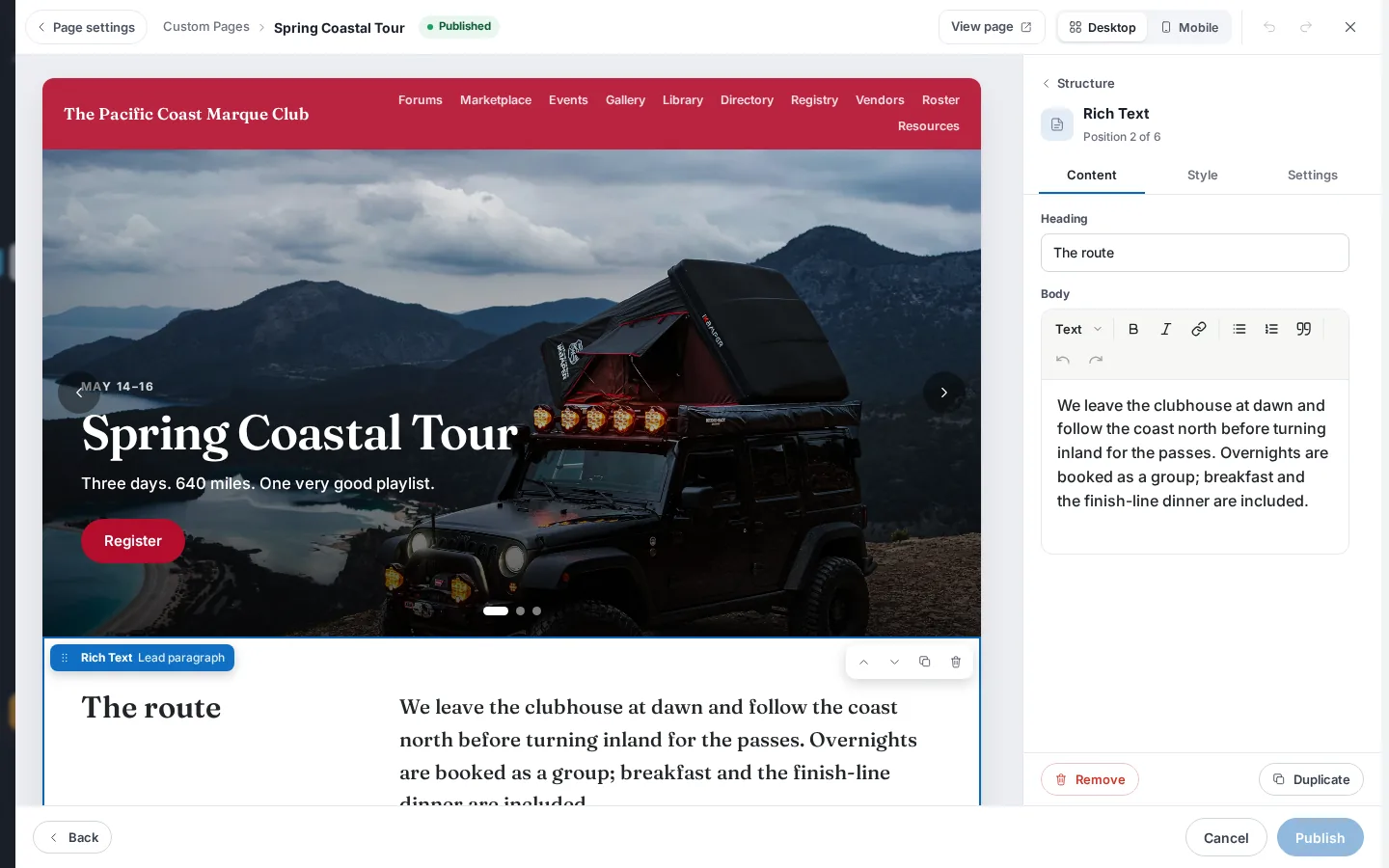 A selected section on the canvas with the side panel open on the Content tab