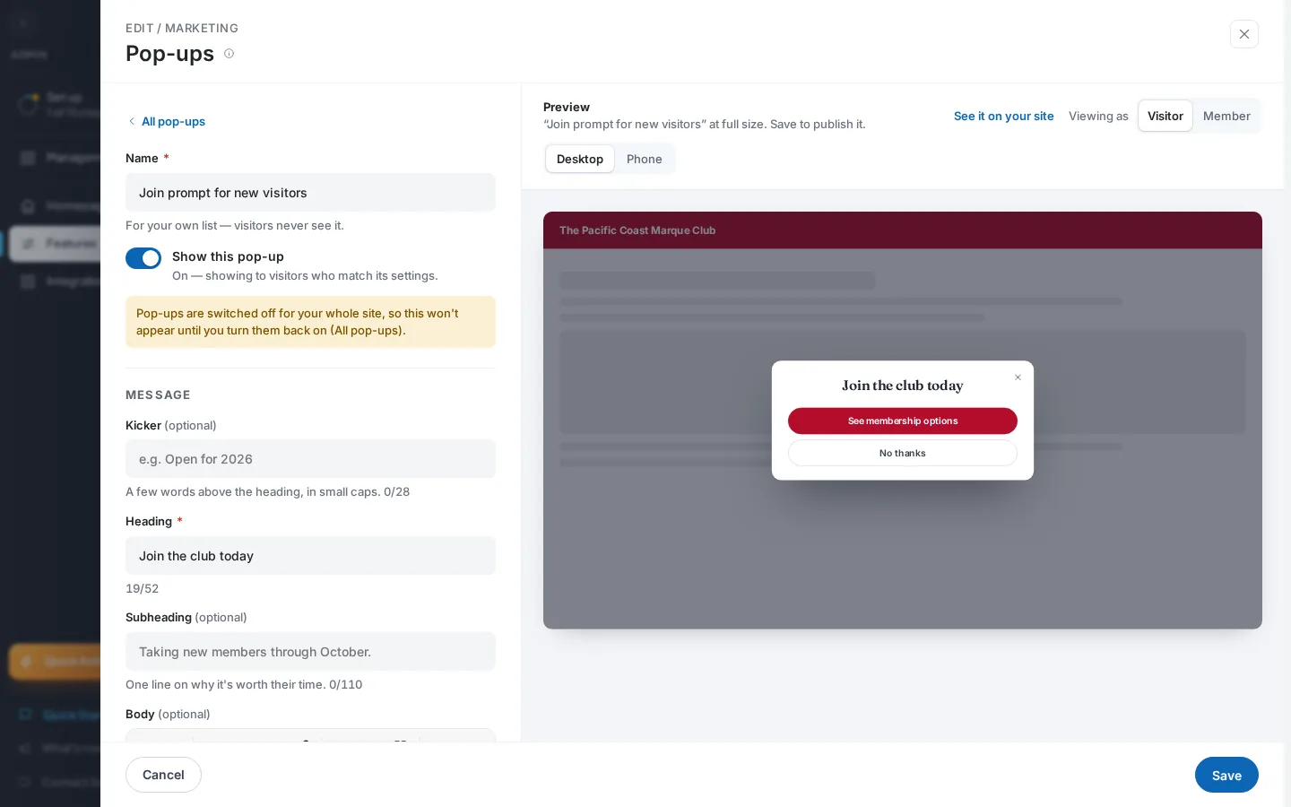 The pop-up edit view with name and heading filled in, an amber note that pop-ups are switched off for the whole site, and the preview showing the card