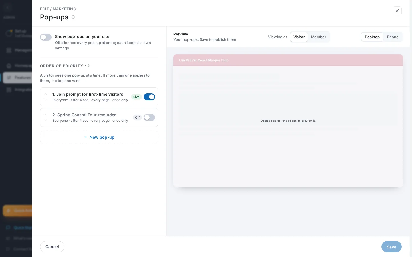 The pop-up list with the master switch, Order of priority, Live and Off status tags, and New pop-up button
