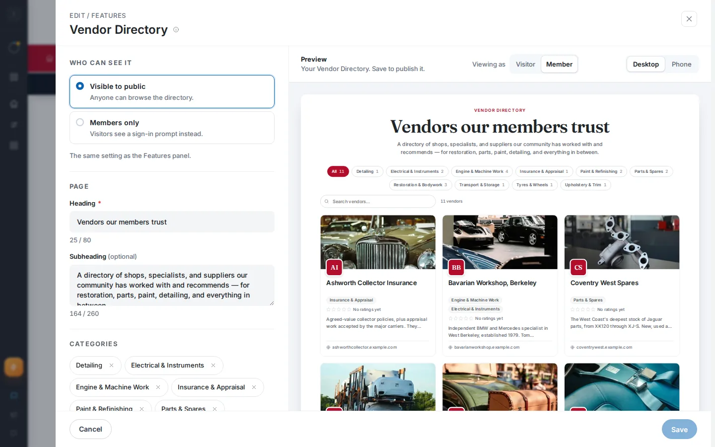 The top of the Vendor Directory editor, showing the Who can see it options, the Page heading and subheading, and the start of the Categories section