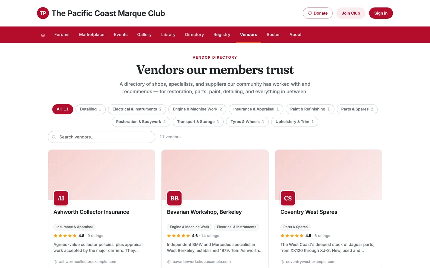The vendor directory on a club site, with a heading, category filter chips showing counts, a search box, and vendor cards each showing a star rating and short description