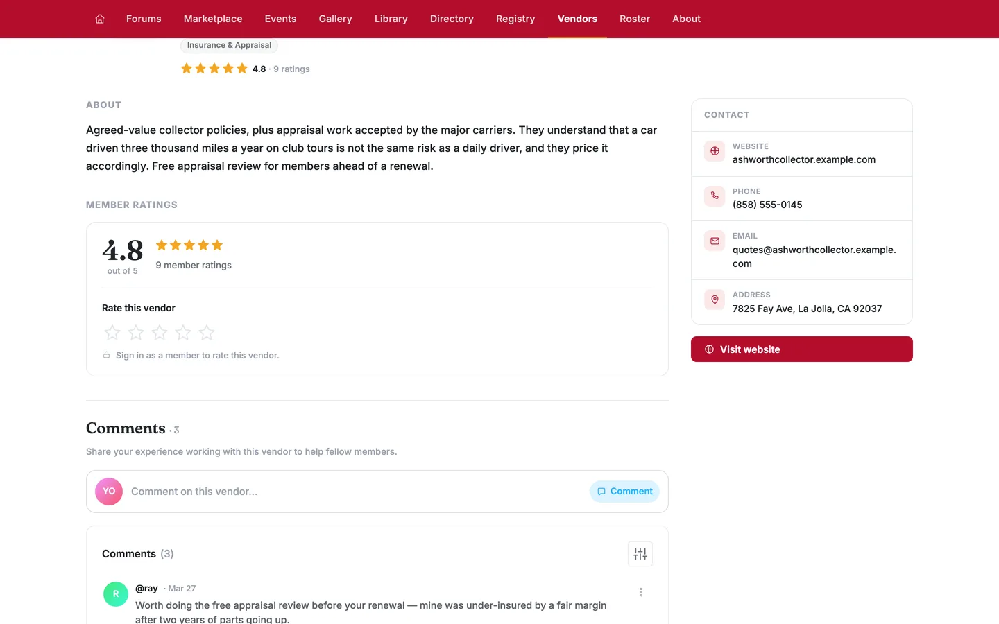 A vendor profile page showing the business name, its category, a 4.8 star rating, an About description, and a Contact panel listing website, phone, email and address