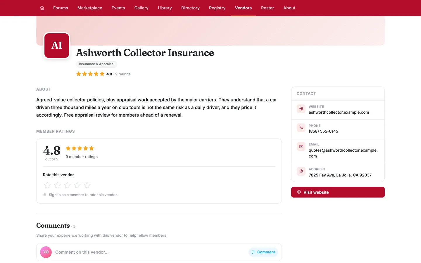 The Member ratings panel showing an average of 4.8 out of 5 from 9 member ratings, a Rate this vendor star control, and below it a Comments section