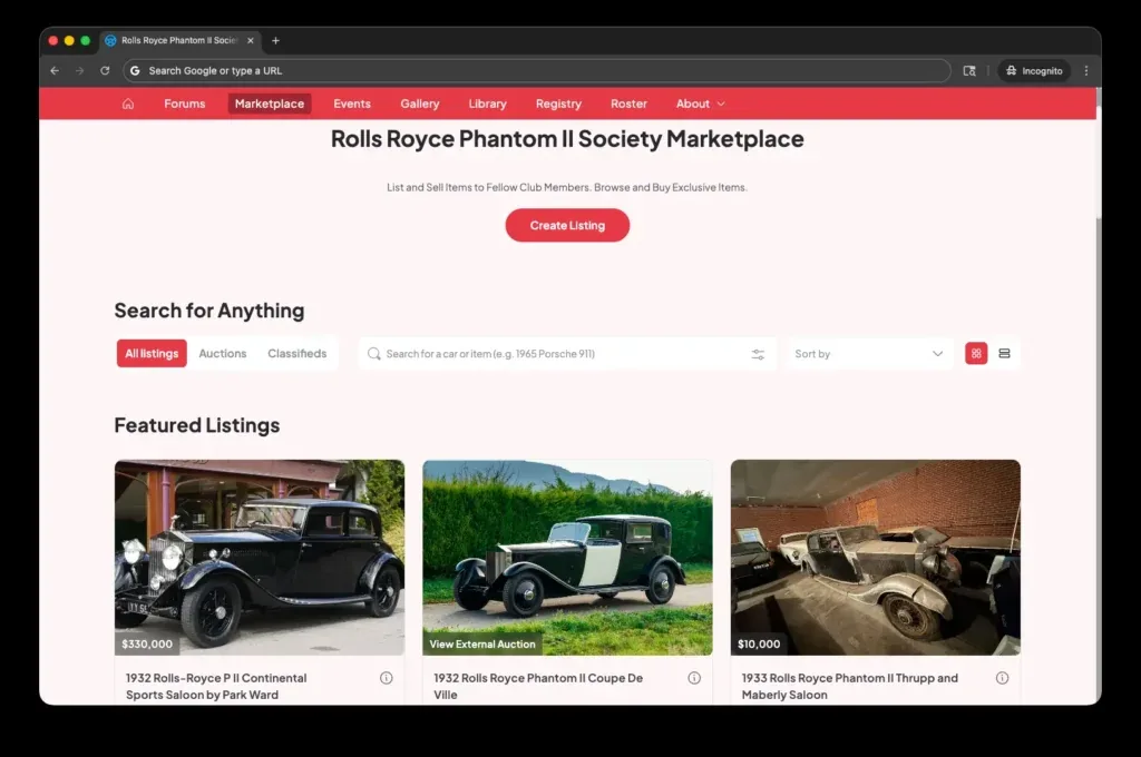 Screenshot of a RumbleSeat car club website platform showing the club marketplace with vehicle classifieds, auction listings, and parts and memorabilia for sale by club members