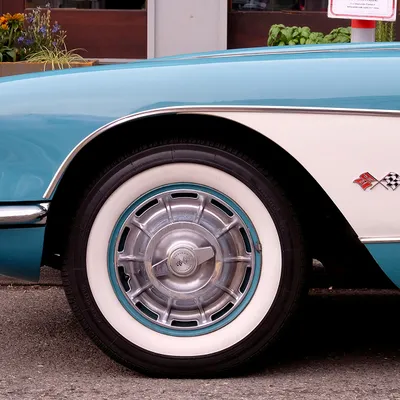 Vintage Corvette whitewall wheel and tire detail